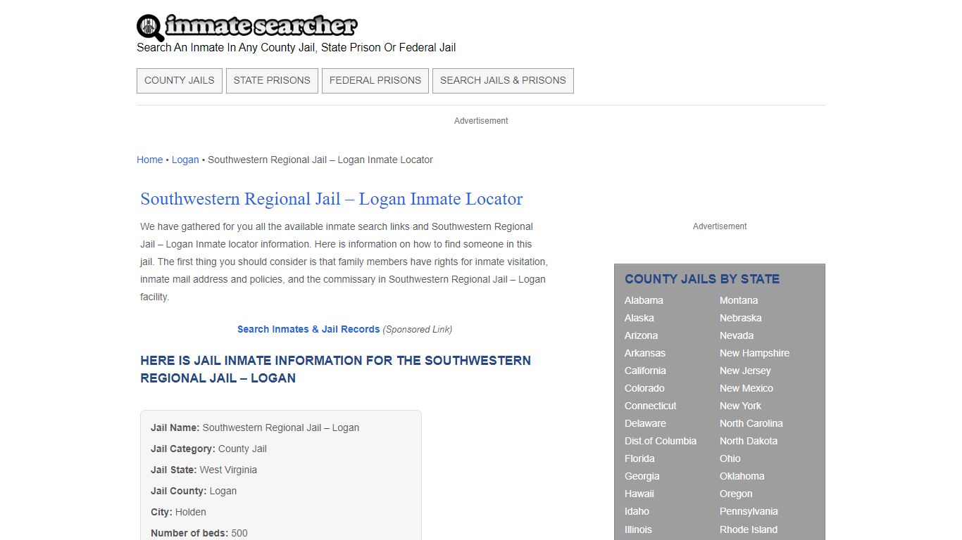 Southwestern Regional Jail - Logan Inmate Locator - Inmate Searcher